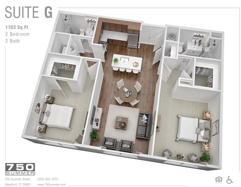 Floor plan for 2 beds, 2 baths, 1103 sqft